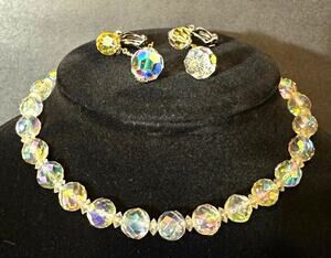 Vintage Lewis Segal California Aurora Borealis earrings and Crystal Necklace